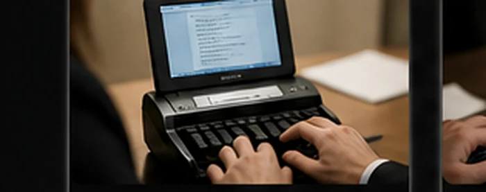 Court reporter working on a stenographic machine